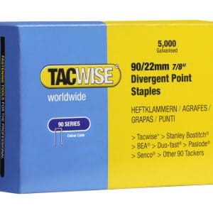 90/22mm Narrow Crown Galvanised Divergent Point Flooring Staples (5,000)