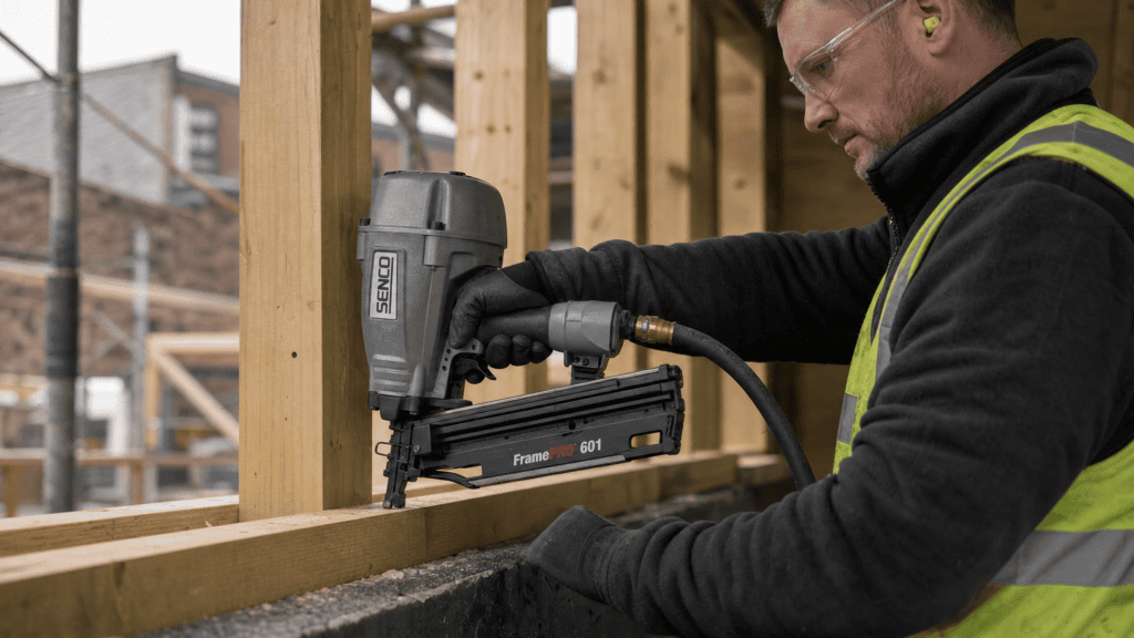 Best Nail Gun Guide: What is a Nail Gun, Uses, Buying Tips & Best Nailers in the UK 4 A pneumatic nail gun in use