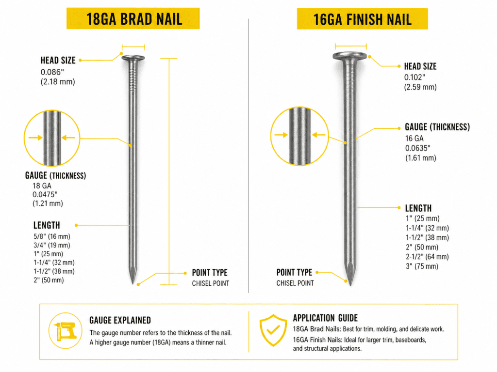 Brad Nailer vs Finish Nailer: What is a Brad Nailer Used For? Uses Compared 3 Brad vs Finish Nails Diagram
