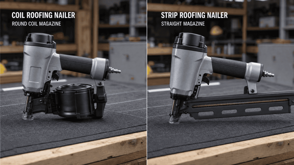Best Roofing Nailer Guide: What Roofing Nailers Are Used For & How to Use One 1 Coil and strip roofing nailers side by side