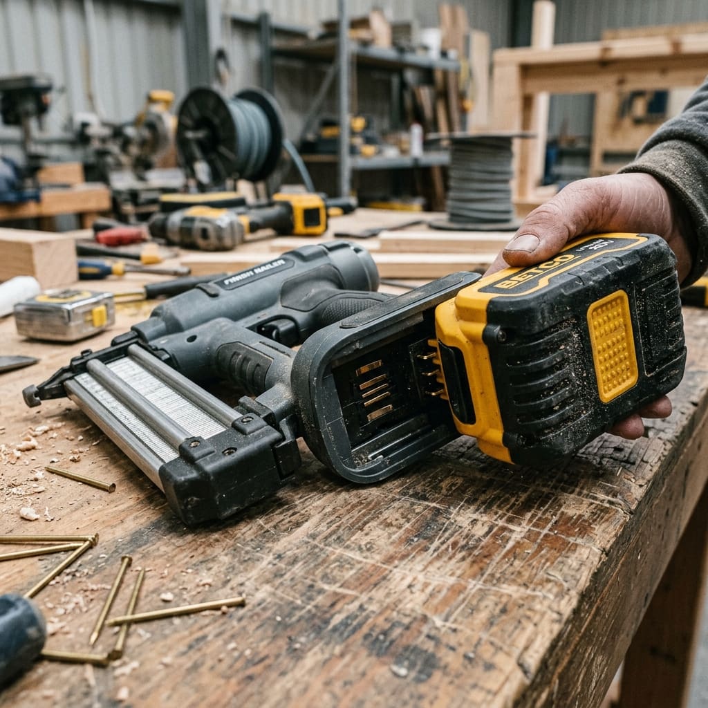 Pneumatic vs Cordless Nailers: Nail Gun Types & Air Compressors Explained 4 Close-up of a cordless nailer battery