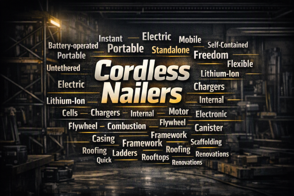 Pneumatic vs Cordless Nailers: Nail Gun Types & Air Compressors Explained 3 A word cloud for cordless nailer keywords