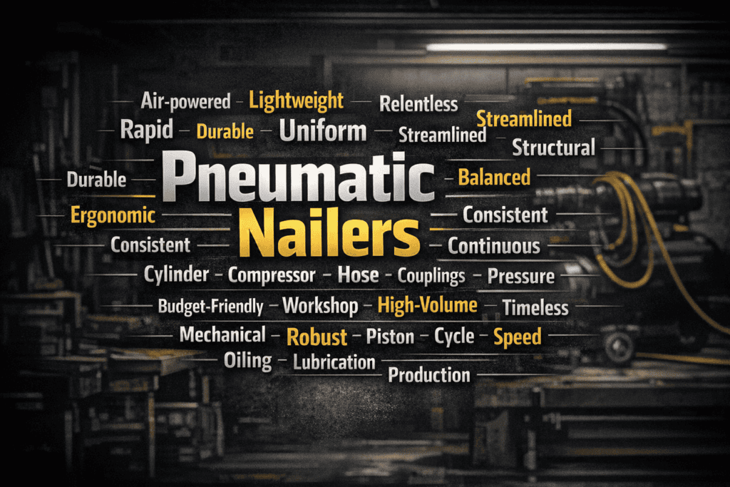 Pneumatic vs Cordless Nailers: Nail Gun Types & Air Compressors Explained 5 A word cloud for pneumatic nailer keywords
