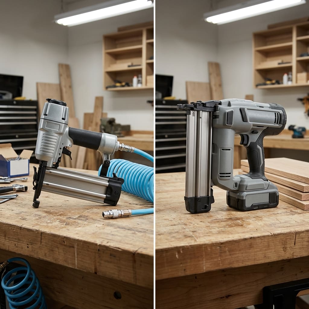 Pneumatic vs Cordless Nailers: Nail Gun Types & Air Compressors Explained 1 Pneumatic and cordless nailers – side by side