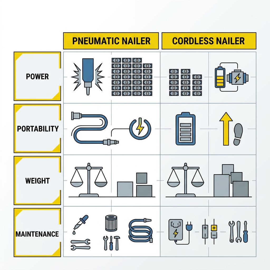 Pneumatic vs Cordless Nailers: Nail Gun Types & Air Compressors Explained 2 Pneumatic vs cordless selection features