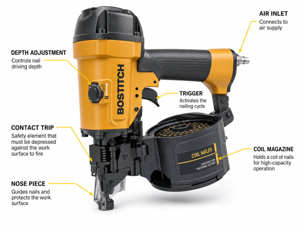 Best Roofing Nailer Guide: What Roofing Nailers Are Used For & How to Use One 6 Close-up of a Bostitch roofing nailer