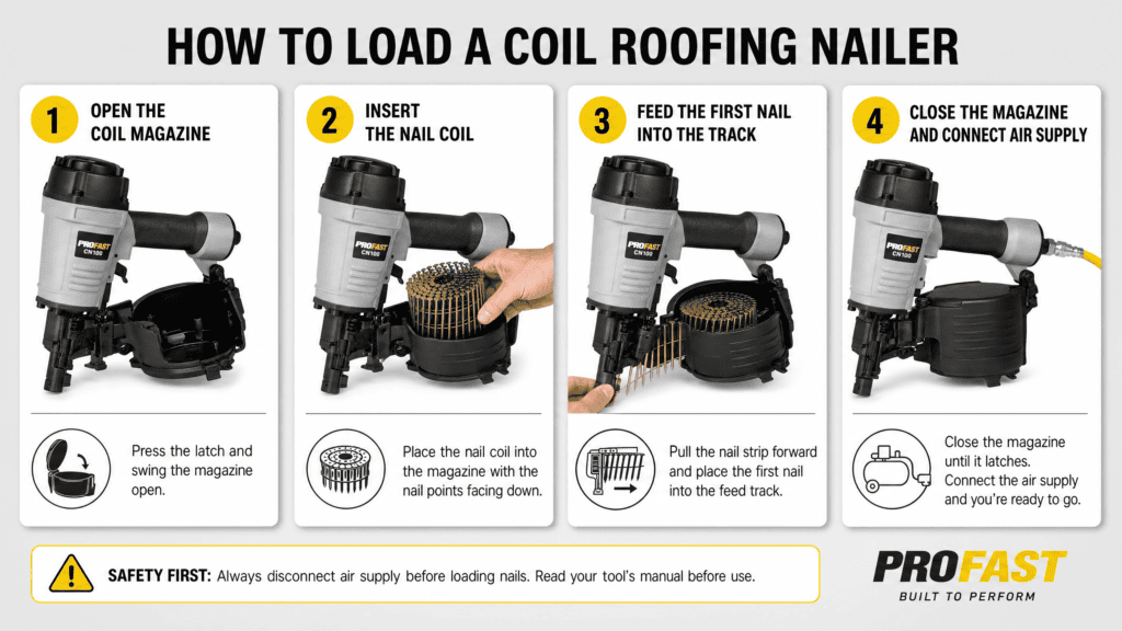 Best Roofing Nailer Guide: What Roofing Nailers Are Used For & How to Use One 3 How to load a coil roofing nailer